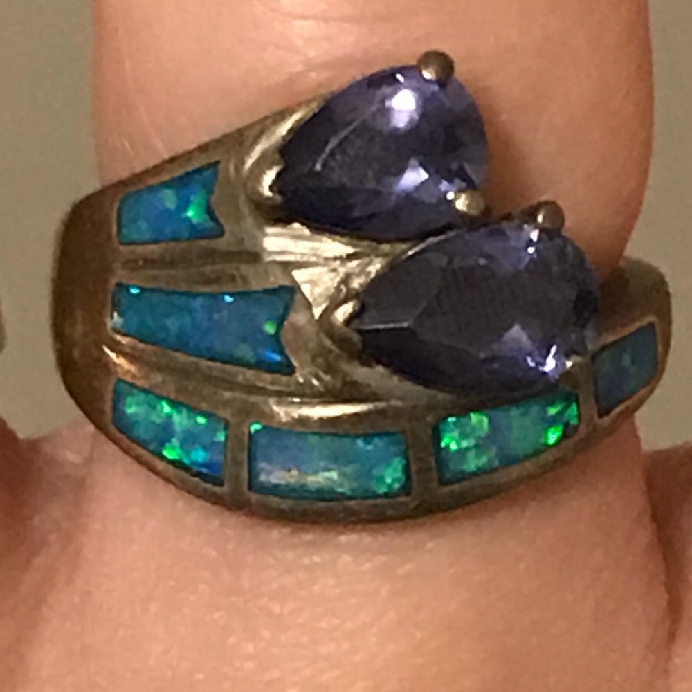 Caribbean opal, amethyst and sterling silver ring.